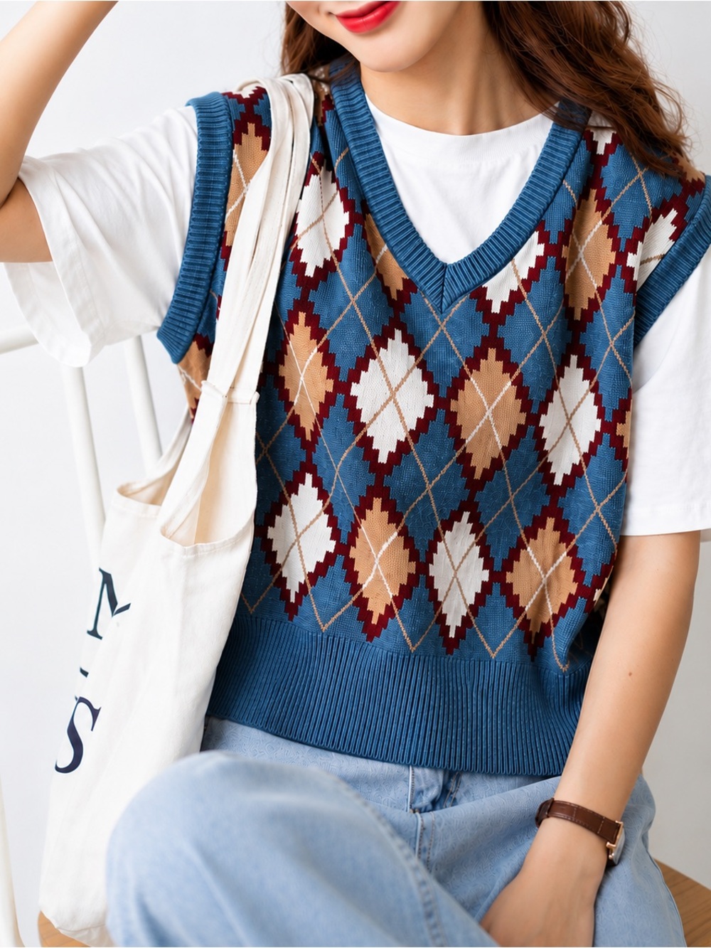 NWT Cider Argyle Sweater Vest Knit V Neck Preppy Academia Retro Blue Size M
